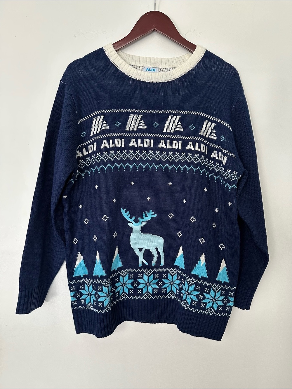 ALDI Men's Navy Holiday Crewneck Sweater with Reindeer Motif